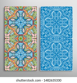 Vertical seamless patterns set, floral geometric lace texture for Wedding, Valentine's day, greeting card or Birthday Invitation. Decorative seamless doodle backgrounds. Ethnic ornament border pattern