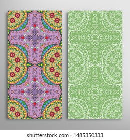 Vertical seamless patterns set, floral geometric lace texture for Wedding, Valentine's day, greeting card or Birthday Invitation. Decorative seamless doodle backgrounds. Ethnic ornament border pattern