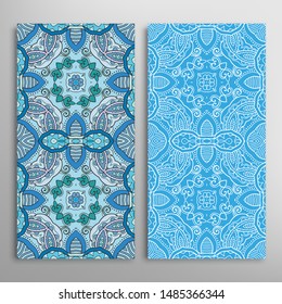 Vertical seamless patterns set, floral geometric lace texture for Wedding, Valentine's day, greeting card or Birthday Invitation. Decorative seamless doodle backgrounds. Ethnic ornament border pattern