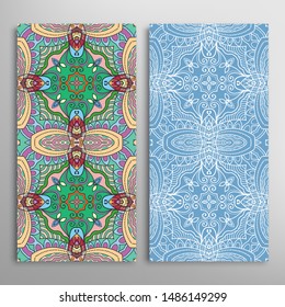 Vertical seamless patterns set, floral geometric lace texture for Wedding, Valentine's day, greeting card or Birthday Invitation. Decorative seamless doodle backgrounds. Ethnic ornament border pattern