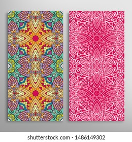 Vertical seamless patterns set, floral geometric lace texture for Wedding, Valentine's day, greeting card or Birthday Invitation. Decorative seamless doodle backgrounds. Ethnic ornament border pattern