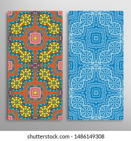Vertical seamless patterns set, floral geometric lace texture for Wedding, Valentine's day, greeting card or Birthday Invitation. Decorative seamless doodle backgrounds. Ethnic ornament border pattern