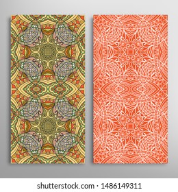 Vertical seamless patterns set, floral geometric lace texture for Wedding, Valentine's day, greeting card or Birthday Invitation. Decorative seamless doodle backgrounds. Ethnic ornament border pattern