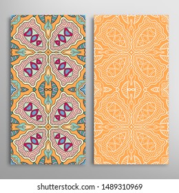 Vertical seamless patterns set, floral geometric lace texture for Wedding, Valentine's day, greeting card or Birthday Invitation. Decorative seamless doodle backgrounds. Ethnic ornament border pattern
