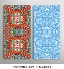 Vertical seamless patterns set, floral geometric lace texture for Wedding, Valentine's day, greeting card or Birthday Invitation. Decorative seamless doodle backgrounds. Ethnic ornament border pattern