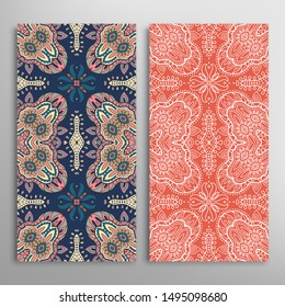 Vertical seamless patterns set, floral geometric lace texture for Wedding, Valentine's day, greeting card or Birthday Invitation. Decorative seamless doodle backgrounds. Ethnic ornament border pattern