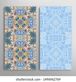 Vertical seamless patterns set, floral geometric lace texture for Wedding, Valentine's day, greeting card or Birthday Invitation. Decorative seamless doodle backgrounds. Ethnic ornament border pattern