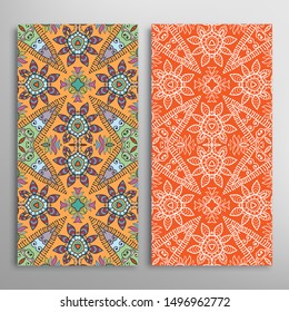 Vertical seamless patterns set, floral geometric lace texture for Wedding, Valentine's day, greeting card or Birthday Invitation. Decorative seamless doodle backgrounds. Ethnic ornament border pattern