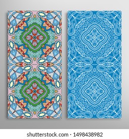 Vertical seamless patterns set, floral geometric lace texture for Wedding, Valentine's day, greeting card or Birthday Invitation. Decorative seamless doodle backgrounds. Ethnic ornament border pattern