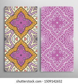 Vertical seamless patterns set, floral geometric lace texture for Wedding, Valentine's day, greeting card or Birthday Invitation. Decorative seamless doodle backgrounds. Ethnic ornament border pattern