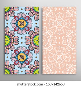 Vertical seamless patterns set, floral geometric lace texture for Wedding, Valentine's day, greeting card or Birthday Invitation. Decorative seamless doodle backgrounds. Ethnic ornament border pattern