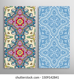 Vertical seamless patterns set, floral geometric lace texture for Wedding, Valentine's day, greeting card or Birthday Invitation. Decorative seamless doodle backgrounds. Ethnic ornament border pattern