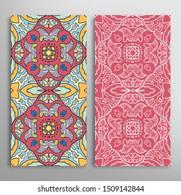 Vertical seamless patterns set, floral geometric lace texture for Wedding, Valentine's day, greeting card or Birthday Invitation. Decorative seamless doodle backgrounds. Ethnic ornament border pattern