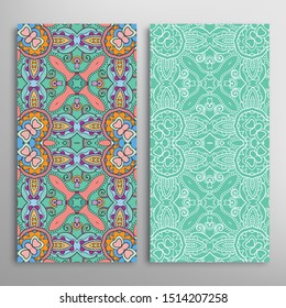 Vertical seamless patterns set, floral geometric lace texture for Wedding, Valentine's day, greeting card or Birthday Invitation. Decorative seamless doodle backgrounds. Ethnic ornament border pattern