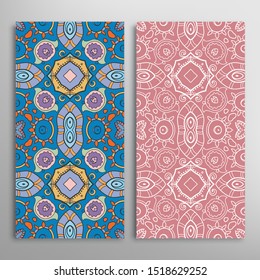 Vertical seamless patterns set, floral geometric lace texture for Wedding, Valentine's day, greeting card or Birthday Invitation. Decorative seamless doodle backgrounds. Ethnic ornament border pattern