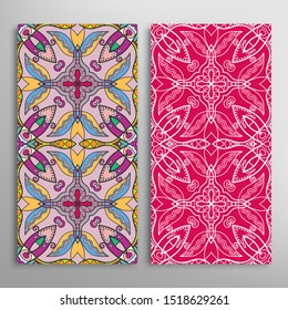 Vertical seamless patterns set, floral geometric lace texture for Wedding, Valentine's day, greeting card or Birthday Invitation. Decorative seamless doodle backgrounds. Ethnic ornament border pattern