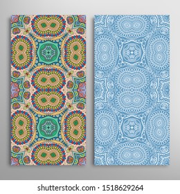 Vertical seamless patterns set, floral geometric lace texture for Wedding, Valentine's day, greeting card or Birthday Invitation. Decorative seamless doodle backgrounds. Ethnic ornament border pattern