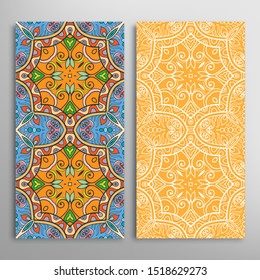 Vertical seamless patterns set, floral geometric lace texture for Wedding, Valentine's day, greeting card or Birthday Invitation. Decorative seamless doodle backgrounds. Ethnic ornament border pattern