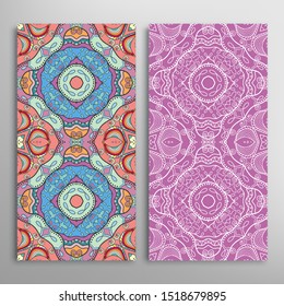 Vertical seamless patterns set, floral geometric lace texture for Wedding, Valentine's day, greeting card or Birthday Invitation. Decorative seamless doodle backgrounds. Ethnic ornament border pattern