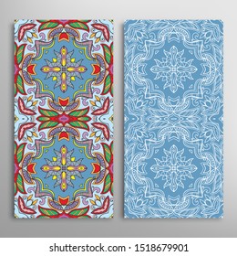 Vertical seamless patterns set, floral geometric lace texture for Wedding, Valentine's day, greeting card or Birthday Invitation. Decorative seamless doodle backgrounds. Ethnic ornament border pattern
