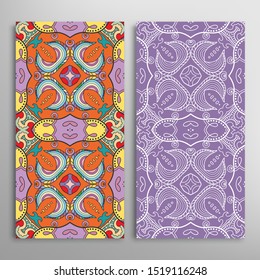 Vertical seamless patterns set, floral geometric lace texture for Wedding, Valentine's day, greeting card or Birthday Invitation. Decorative seamless doodle backgrounds. Ethnic ornament border pattern
