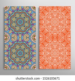 Vertical seamless patterns set, floral geometric lace texture for Wedding, Valentine's day, greeting card or Birthday Invitation. Decorative seamless doodle backgrounds. Ethnic ornament border pattern