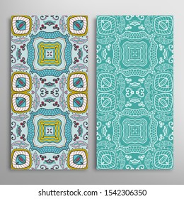 Vertical seamless patterns set, floral geometric lace texture for Wedding, Valentine's day, greeting card or Birthday Invitation. Decorative seamless doodle backgrounds. Ethnic ornament border pattern