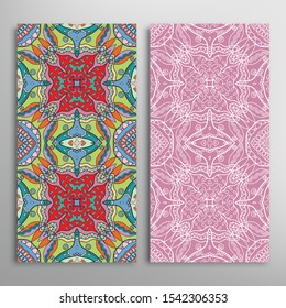 Vertical seamless patterns set, floral geometric lace texture for Wedding, Valentine's day, greeting card or Birthday Invitation. Decorative seamless doodle backgrounds. Ethnic ornament border pattern