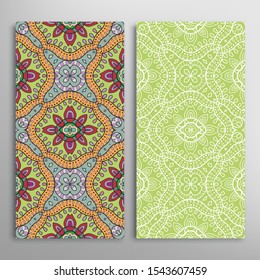 Vertical seamless patterns set, floral geometric lace texture for Wedding, Valentine's day, greeting card or Birthday Invitation. Decorative seamless doodle backgrounds. Ethnic ornament border pattern