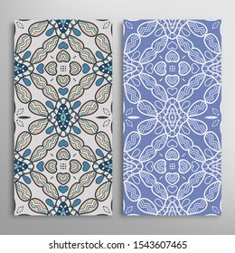 Vertical seamless patterns set, floral geometric lace texture for Wedding, Valentine's day, greeting card or Birthday Invitation. Decorative seamless doodle backgrounds. Ethnic ornament border pattern