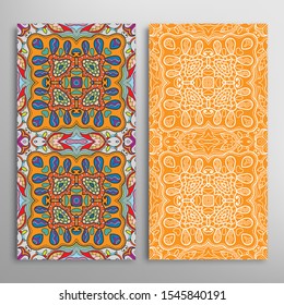 Vertical seamless patterns set, floral geometric lace texture for Wedding, Valentine's day, greeting card or Birthday Invitation. Decorative seamless doodle backgrounds. Ethnic ornament border pattern