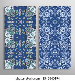 Vertical seamless patterns set, floral geometric lace texture for Wedding, Valentine's day, greeting card or Birthday Invitation. Decorative seamless doodle backgrounds. Ethnic ornament border pattern