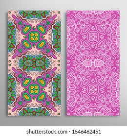 Vertical seamless patterns set, floral geometric lace texture for Wedding, Valentine's day, greeting card or Birthday Invitation. Decorative seamless doodle backgrounds. Ethnic ornament border pattern