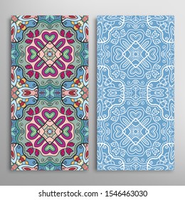 Vertical seamless patterns set, floral geometric lace texture for Wedding, Valentine's day, greeting card or Birthday Invitation. Decorative seamless doodle backgrounds. Ethnic ornament border pattern