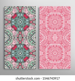 Vertical seamless patterns set, floral geometric lace texture for Wedding, Valentine's day, greeting card or Birthday Invitation. Decorative seamless doodle backgrounds. Ethnic ornament border pattern