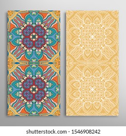 Vertical seamless patterns set, floral geometric lace texture for Wedding, Valentine's day, greeting card or Birthday Invitation. Decorative seamless doodle backgrounds. Ethnic ornament border pattern