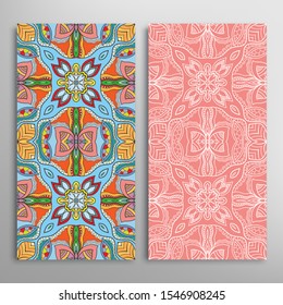 Vertical seamless patterns set, floral geometric lace texture for Wedding, Valentine's day, greeting card or Birthday Invitation. Decorative seamless doodle backgrounds. Ethnic ornament border pattern