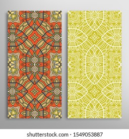 Vertical seamless patterns set, floral geometric lace texture for Wedding, Valentine's day, greeting card or Birthday Invitation. Decorative seamless doodle backgrounds. Ethnic ornament border pattern