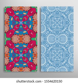 Vertical seamless patterns set, floral geometric lace texture for Wedding, Valentine's day, greeting card or Birthday Invitation. Decorative seamless doodle backgrounds. Ethnic ornament border pattern