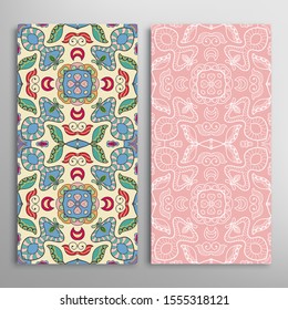 Vertical seamless patterns set, floral geometric lace texture for Wedding, Valentine's day, greeting card or Birthday Invitation. Decorative seamless doodle backgrounds. Ethnic ornament border pattern