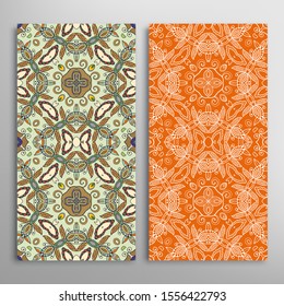 Vertical seamless patterns set, floral geometric lace texture for Wedding, Valentine's day, greeting card or Birthday Invitation. Decorative seamless doodle backgrounds. Ethnic ornament border pattern