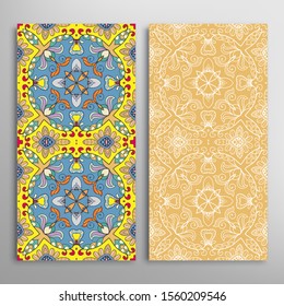 Vertical seamless patterns set, floral geometric lace texture for Wedding, Valentine's day, greeting card or Birthday Invitation. Decorative seamless doodle backgrounds. Ethnic ornament border pattern