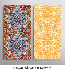 Vertical seamless patterns set, floral geometric lace texture for Wedding, Valentine's day, greeting card or Birthday Invitation. Decorative seamless doodle backgrounds. Ethnic ornament border pattern