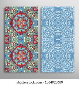 Vertical seamless patterns set, floral geometric lace texture for Wedding, Valentine's day, greeting card or Birthday Invitation. Decorative seamless doodle backgrounds. Ethnic ornament border pattern