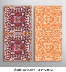Vertical seamless patterns set, floral geometric lace texture for Wedding, Valentine's day, greeting card or Birthday Invitation. Decorative seamless doodle backgrounds. Ethnic ornament border pattern