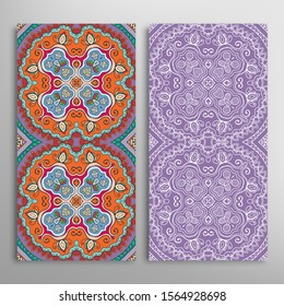 Vertical seamless patterns set, floral geometric lace texture for Wedding, Valentine's day, greeting card or Birthday Invitation. Decorative seamless doodle backgrounds. Ethnic ornament border pattern