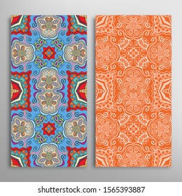 Vertical seamless patterns set, floral geometric lace texture for Wedding, Valentine's day, greeting card or Birthday Invitation. Decorative seamless doodle backgrounds. Ethnic ornament border pattern