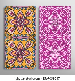 Vertical seamless patterns set, floral geometric lace texture for Wedding, Valentine's day, greeting card or Birthday Invitation. Decorative seamless doodle backgrounds. Ethnic ornament border pattern