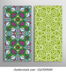 Vertical seamless patterns set, floral geometric lace texture for Wedding, Valentine's day, greeting card or Birthday Invitation. Decorative seamless doodle backgrounds. Ethnic ornament border pattern