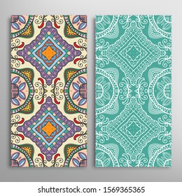 Vertical seamless patterns set, floral geometric lace texture for Wedding, Valentine's day, greeting card or Birthday Invitation. Decorative seamless doodle backgrounds. Ethnic ornament border pattern